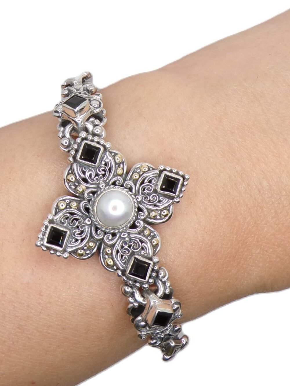 Sterling Silver, 18K Gold Accents, White Pearl & Black Onyx Byzantine Bracelet